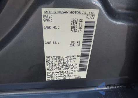 2022 Nissan Altima Sv Fwd из США, поврежденный, VIN 1N4BL4DV9NN331723